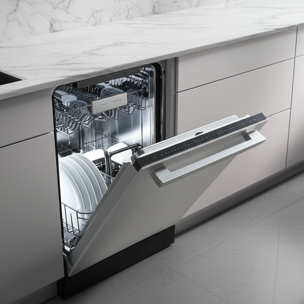 High-end integrated dishwasher in luxury kitchen