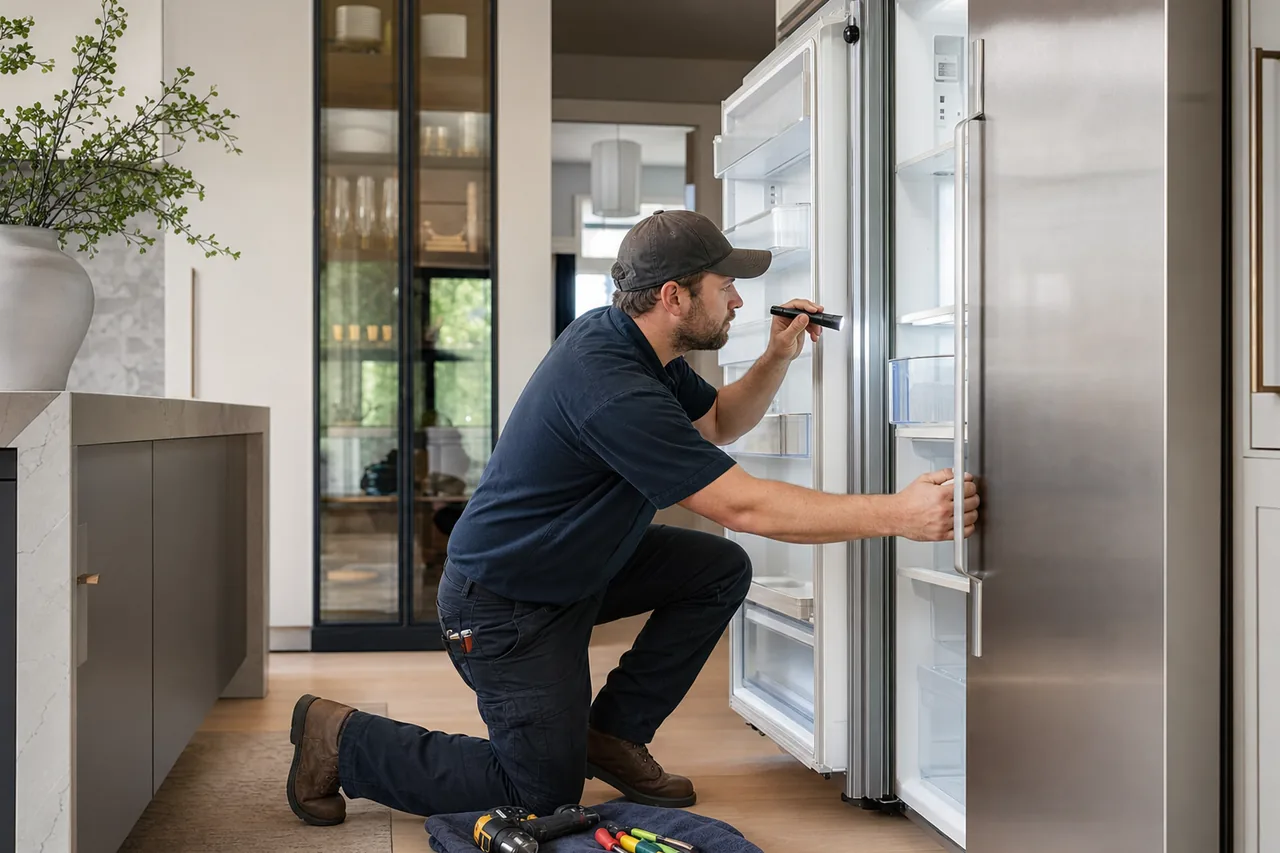 Technician repairing a built-in refrigerator