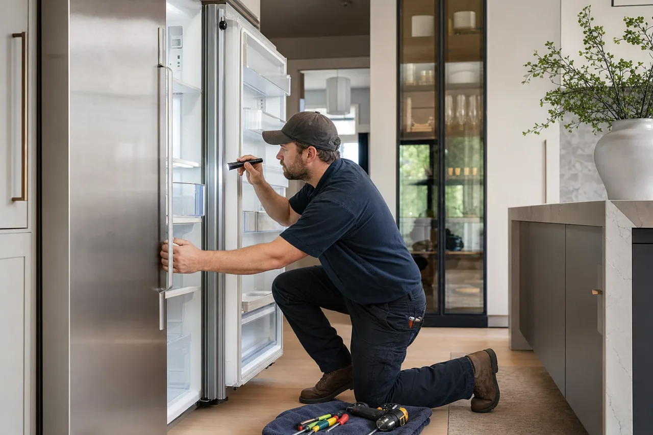 Technician repairing a built-in refrigerator up close