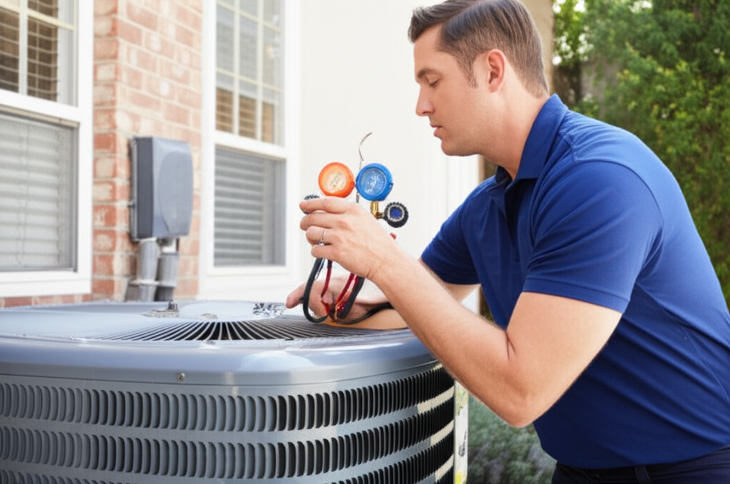 HVAC technician checking outdoor AC unit with gauges