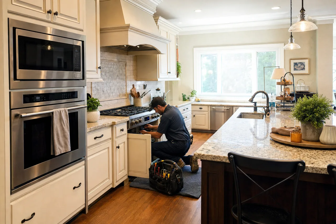 A Chappaqua kitchen with a built-in Sub-Zero refrigerator and Wolf range