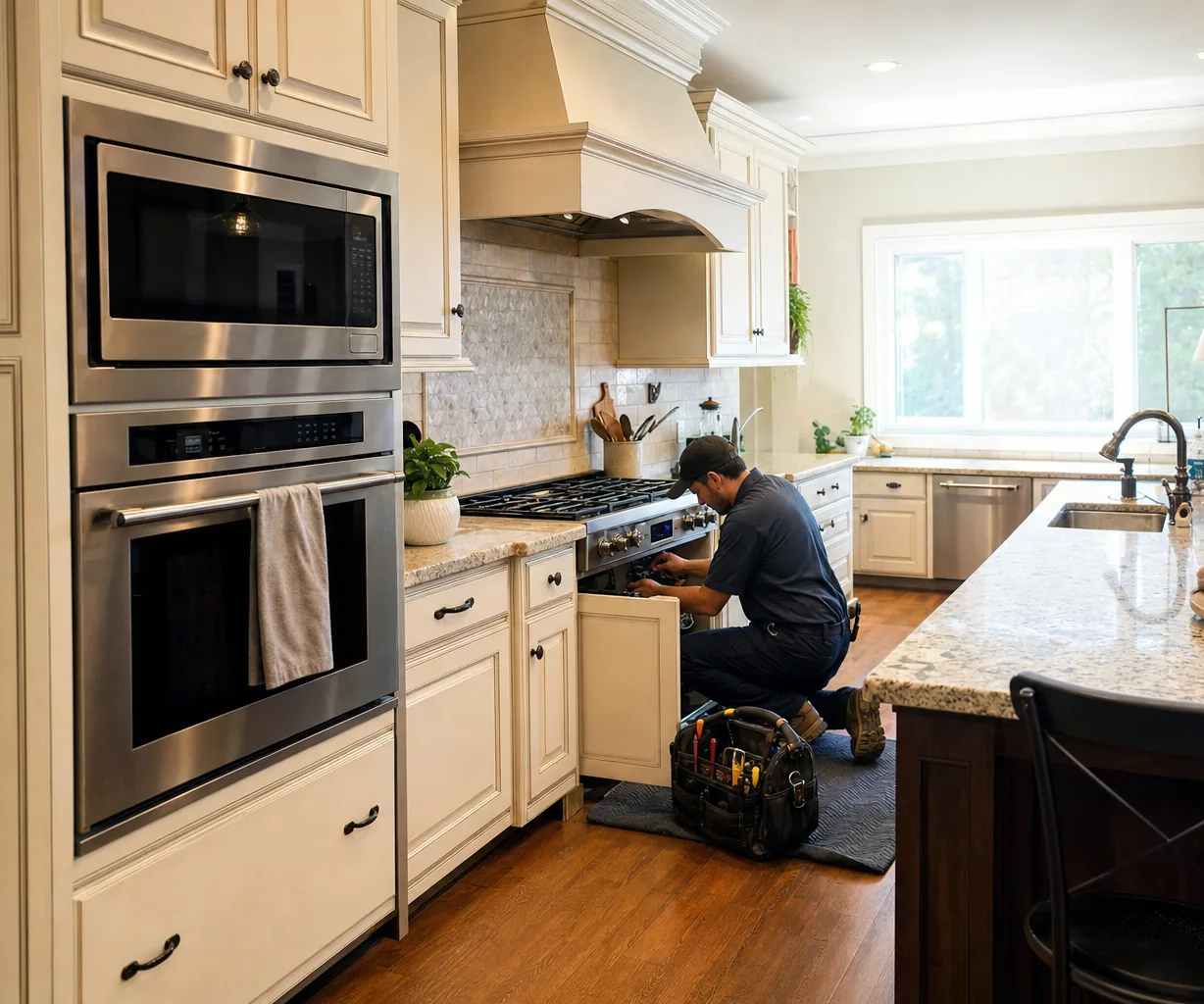 A luxury kitchen with built-in stainless appliances up close