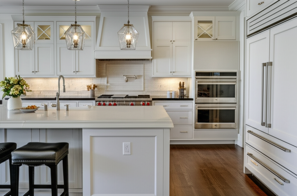 Panoramic view of luxury kitchen with premium appliances