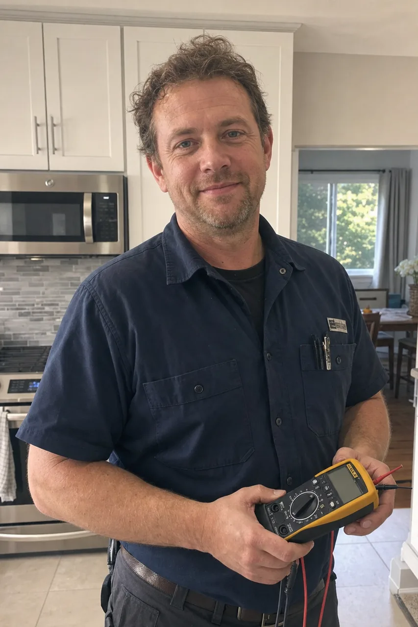An appliance repair technician in a Chappaqua kitchen holding a multimeter