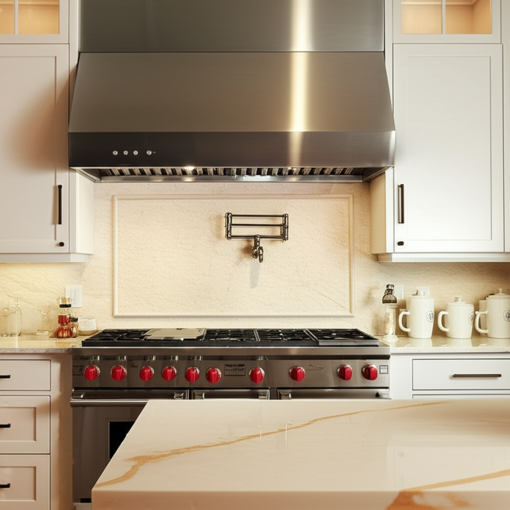Professional range hood in luxury kitchen