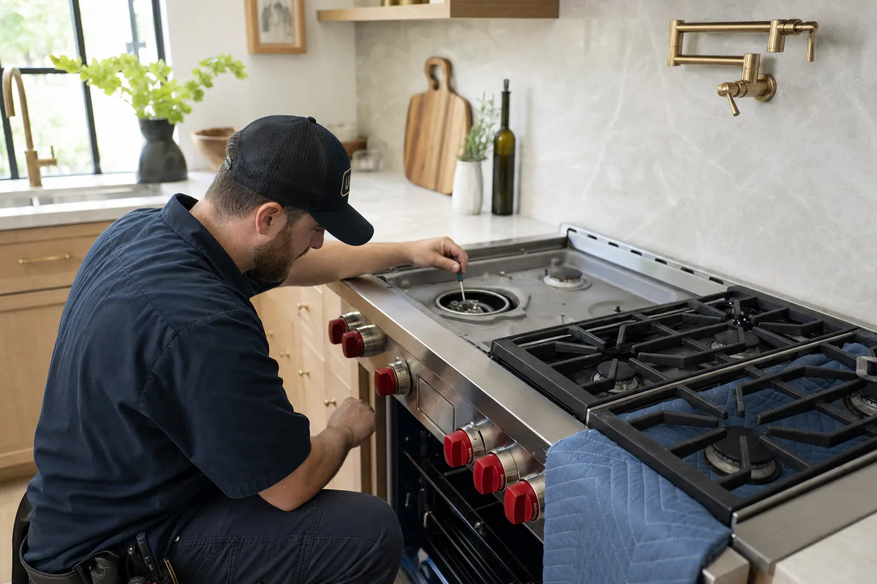 Technician servicing a stainless Wolf range