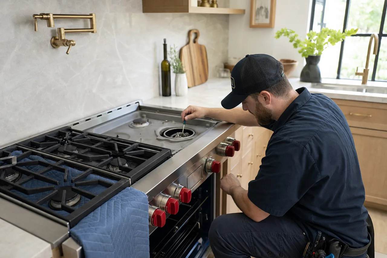 Technician servicing a stainless Wolf range